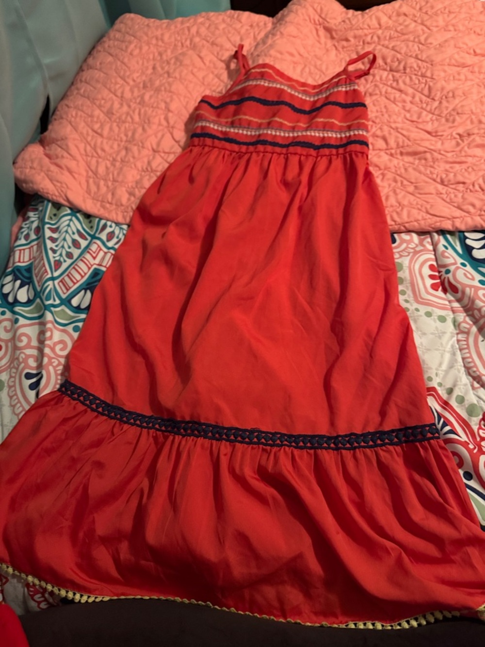 Girls' Red Sleeveless Smocked Bodice Maxi Dress